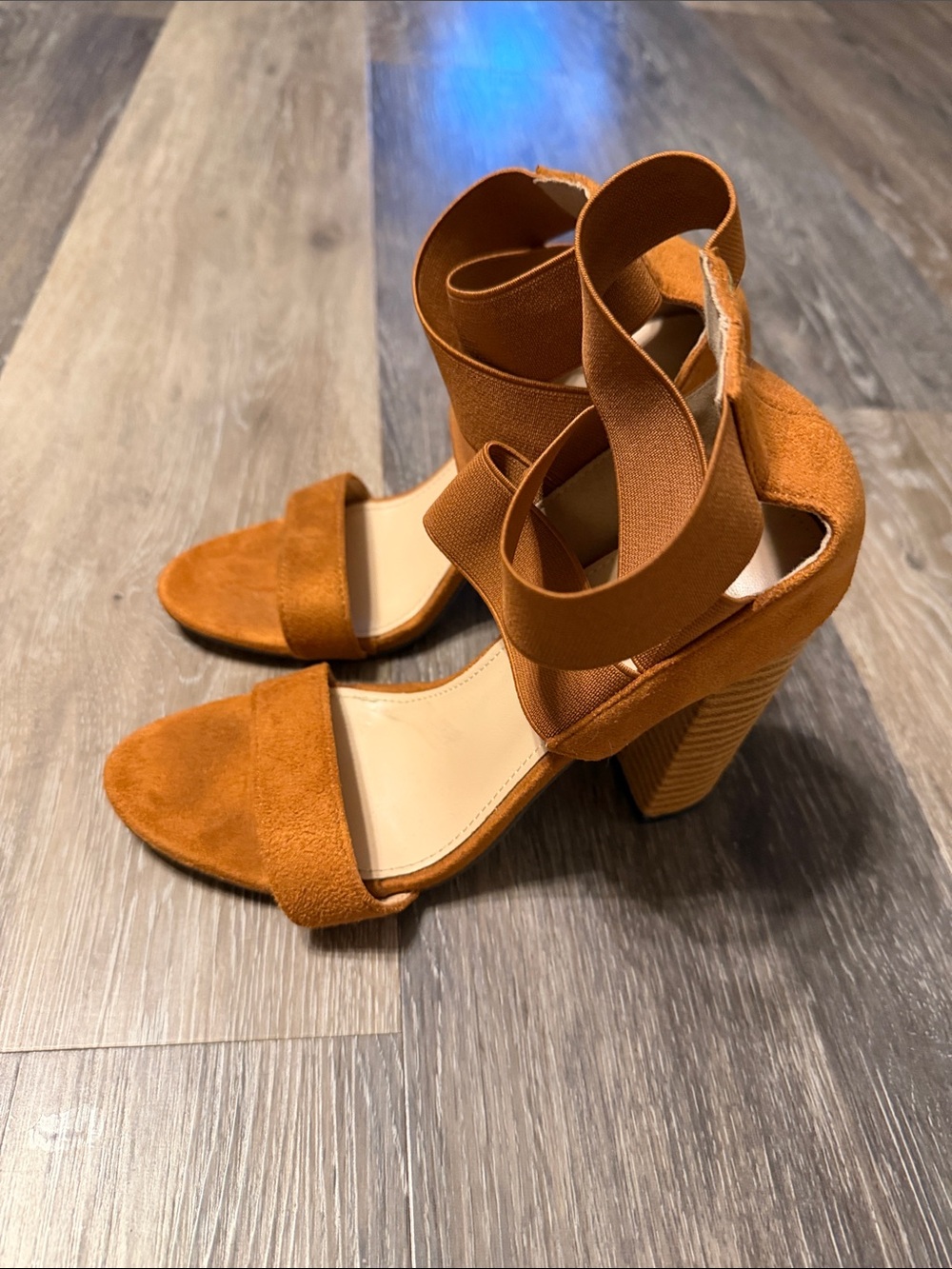 Women's Tan Suede Block Heel Sandals with Wrap Straps